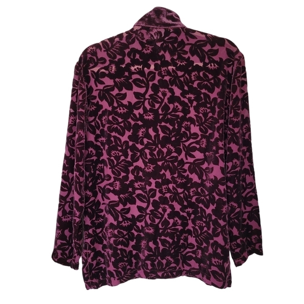Burgundy Velvet Burnout Blouse Floral Design Asian Inspired Mandarin Collar - Picture 4 of 10